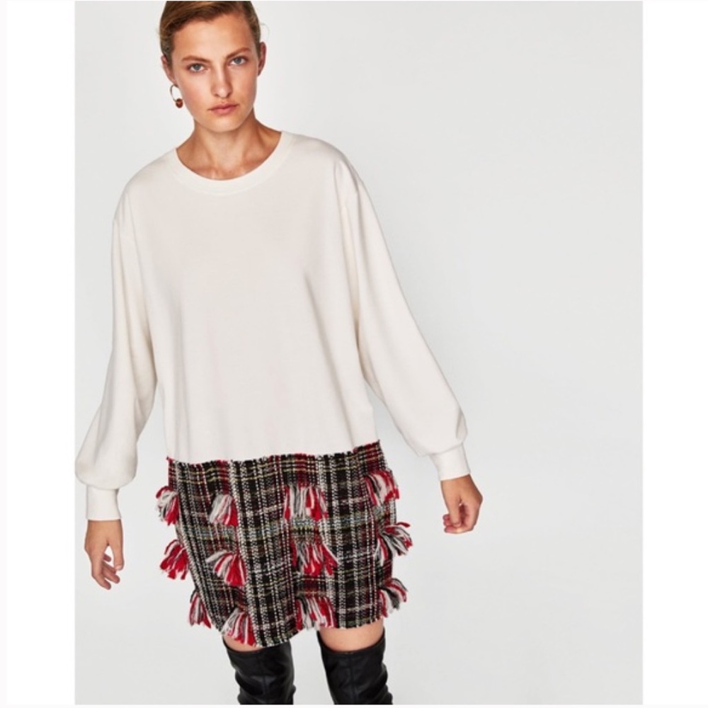 Zara Oversized Sweatshirt Plush Long Sleeve Dress w/ Tweed Detail Size S NWT.